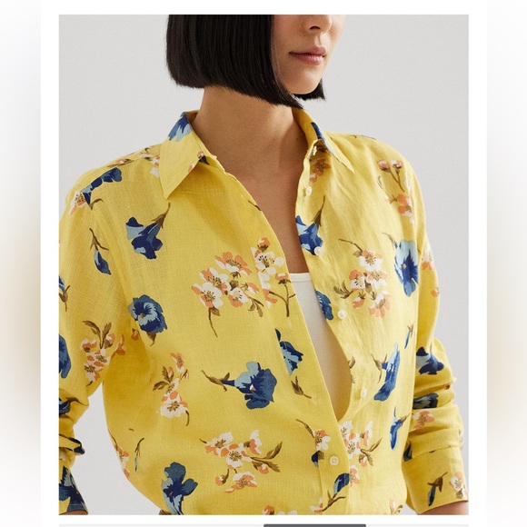 GUC. Women's Floral Roll-Tab Shirt, Petite Medium - gorgeous colors. Linen - Picture 1 of 9